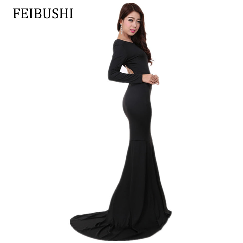 FEIBUSHI Mermaid Dresses Women Autumn Elegant Long Sleeve Sexy Solid Black Wedding Casual Sheath Party Floor Length Maxi Dresses