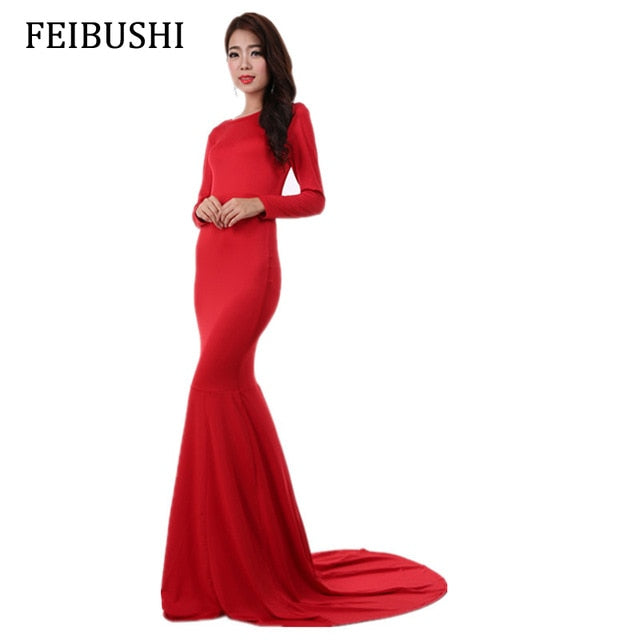 FEIBUSHI Mermaid Dresses Women Autumn Elegant Long Sleeve Sexy Solid Black Wedding Casual Sheath Party Floor Length Maxi Dresses