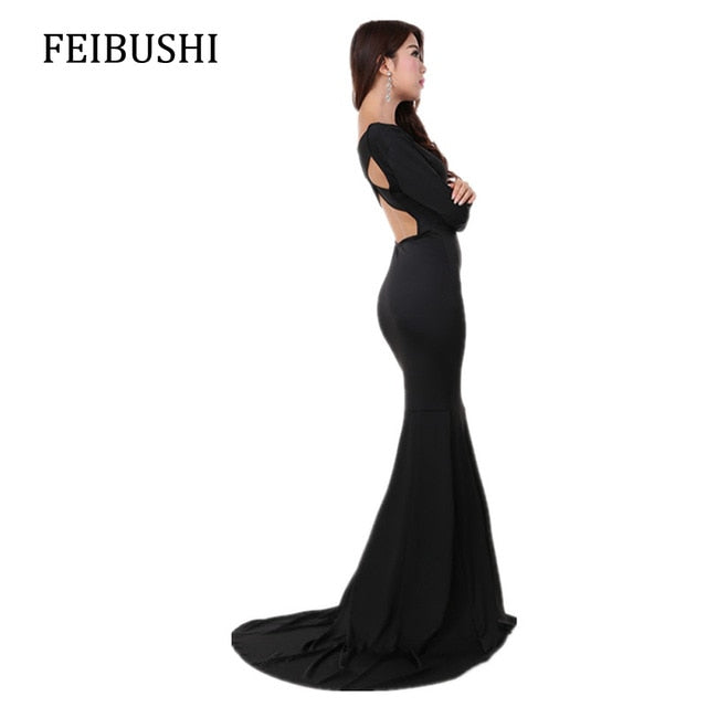 FEIBUSHI Mermaid Dresses Women Autumn Elegant Long Sleeve Sexy Solid Black Wedding Casual Sheath Party Floor Length Maxi Dresses