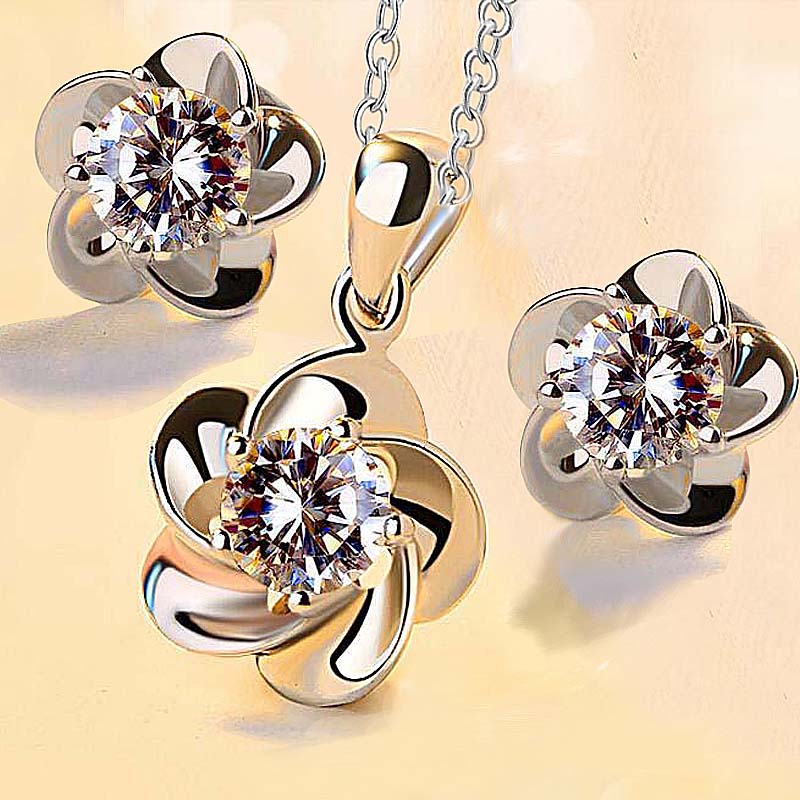 Hot Trendy bride Luxury zircon Silver Flower Earrings/Necklace For Women wedding Exquisite Elegant small Jewelry Set