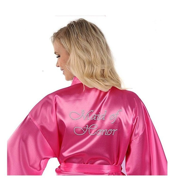 Satin Faux Silk Wedding Bride Bridesmaid Robes,White Bridal Dressing Gown/ Kimono Bathrobes,"BRIDE""BRIDE MAID" Graphic on Back