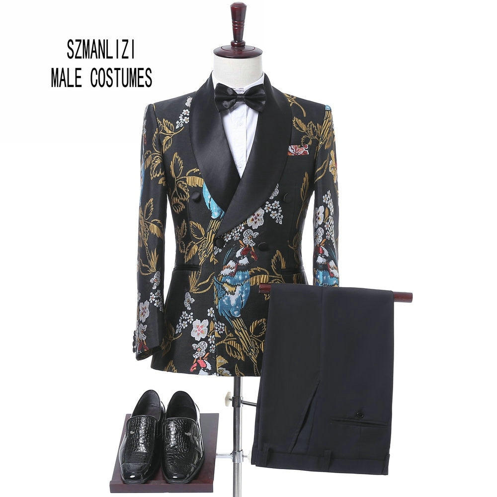 2017 New Elegant Brand Wedding Mens Suit Flower Double Breasted Suit For Men Slim Fit Groom Tuxedo Blazer Costume Homme Mariage
