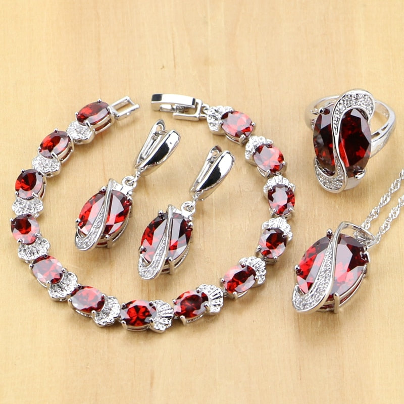 925 Sterling Silver Jewelry Red Cubic Zirconia White CZ Jewelry Sets For Wedding Earrings/Pendant/Necklace/Rings/Bracelet T224