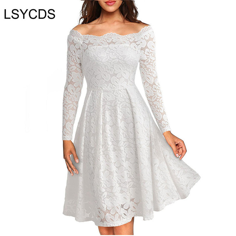 Woman Dresses 2018 Long Sleeve Slash Neck Wedding Party Wear Casual A-line Sexy Red Black White Lace Dress Plus Size S-3XL