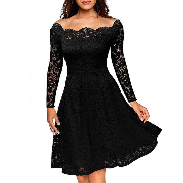 Woman Dresses 2018 Long Sleeve Slash Neck Wedding Party Wear Casual A-line Sexy Red Black White Lace Dress Plus Size S-3XL
