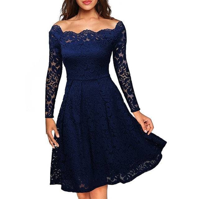 Woman Dresses 2018 Long Sleeve Slash Neck Wedding Party Wear Casual A-line Sexy Red Black White Lace Dress Plus Size S-3XL