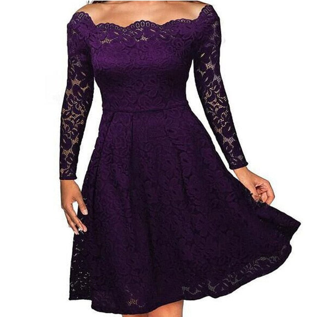 Woman Dresses 2018 Long Sleeve Slash Neck Wedding Party Wear Casual A-line Sexy Red Black White Lace Dress Plus Size S-3XL