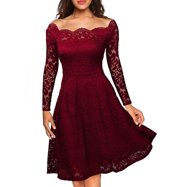 Woman Dresses 2018 Long Sleeve Slash Neck Wedding Party Wear Casual A-line Sexy Red Black White Lace Dress Plus Size S-3XL