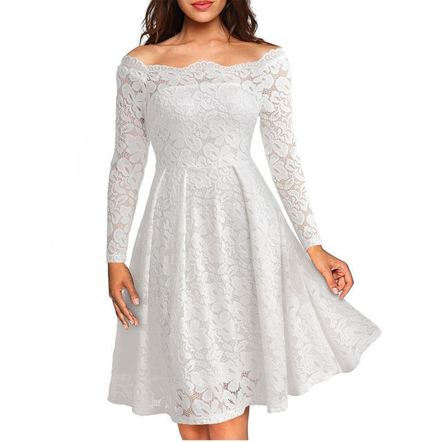 Woman Dresses 2018 Long Sleeve Slash Neck Wedding Party Wear Casual A-line Sexy Red Black White Lace Dress Plus Size S-3XL