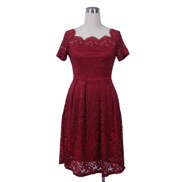 Woman Dresses 2018 Long Sleeve Slash Neck Wedding Party Wear Casual A-line Sexy Red Black White Lace Dress Plus Size S-3XL