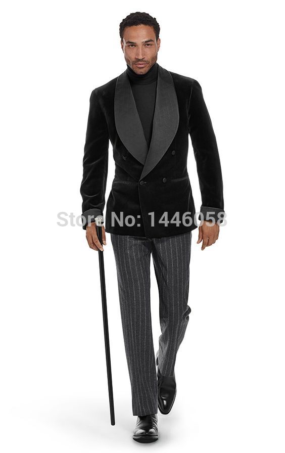 Elegant Brand Italian Morning Coat Pants Men Suit 2018 Custom Made Double Breasted Black Velvet Blazer Groom Suit Wedding Tuxedo