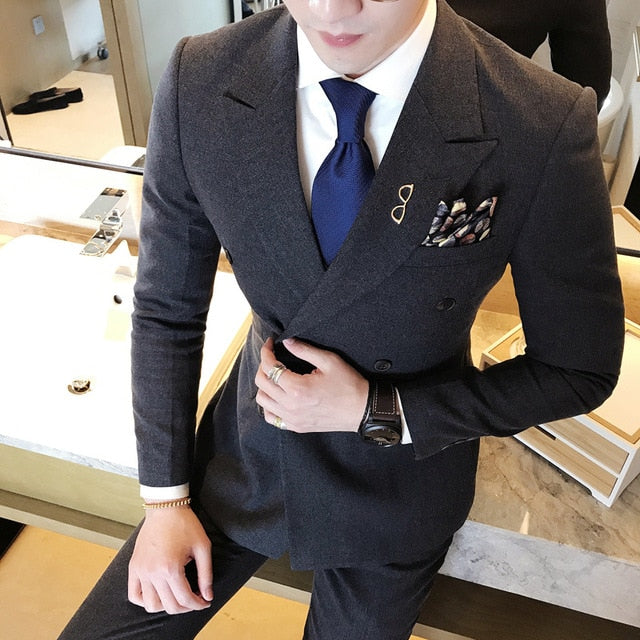 Groom Suit Solid Color Double Breasted 4 Colros Camcel Winered Black Grey Wedding Suit Male Costume Homme Elegant Men Suits 3xl