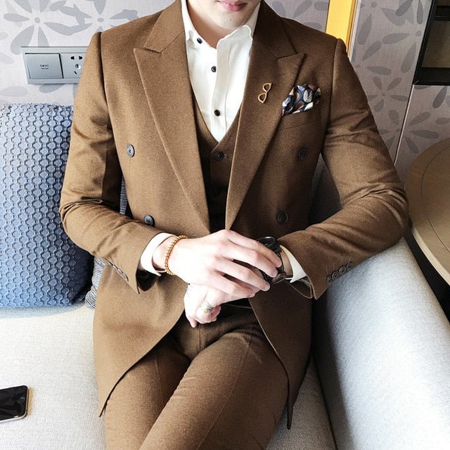 Groom Suit Solid Color Double Breasted 4 Colros Camcel Winered Black Grey Wedding Suit Male Costume Homme Elegant Men Suits 3xl