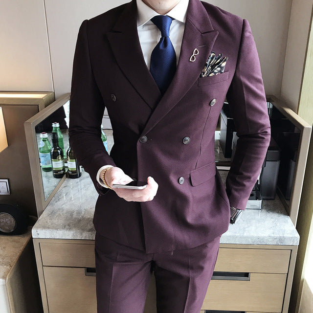 Groom Suit Solid Color Double Breasted 4 Colros Camcel Winered Black Grey Wedding Suit Male Costume Homme Elegant Men Suits 3xl