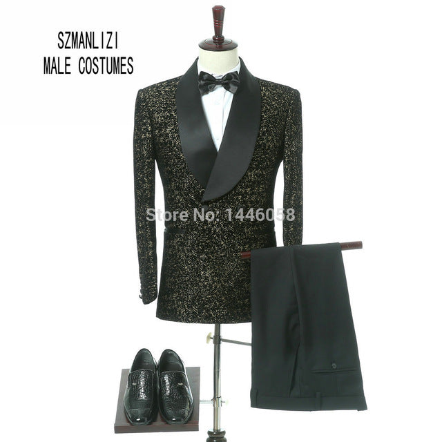 2017 New Elegant Brand Wedding Mens Suit Flower Double Breasted Suit For Men Slim Fit Groom Tuxedo Blazer Costume Homme Mariage