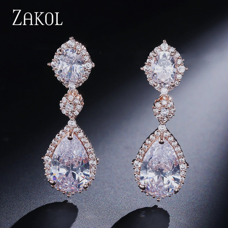 ZAKOL  Elegant Water Drop Shaped Cubic Zirconia Drop Earrings Crystal Long Wedding Jewerly For Brides FSEP2034