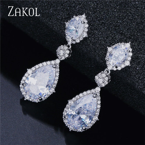 ZAKOL  Elegant Water Drop Shaped Cubic Zirconia Drop Earrings Crystal Long Wedding Jewerly For Brides FSEP2034