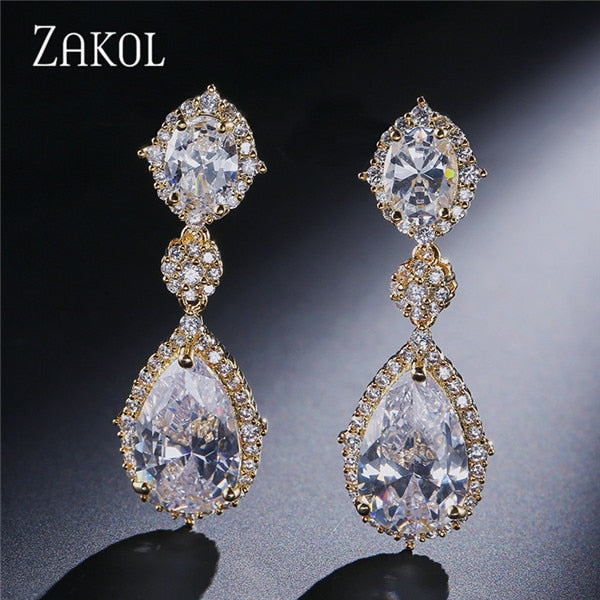 ZAKOL  Elegant Water Drop Shaped Cubic Zirconia Drop Earrings Crystal Long Wedding Jewerly For Brides FSEP2034
