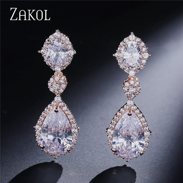 ZAKOL  Elegant Water Drop Shaped Cubic Zirconia Drop Earrings Crystal Long Wedding Jewerly For Brides FSEP2034