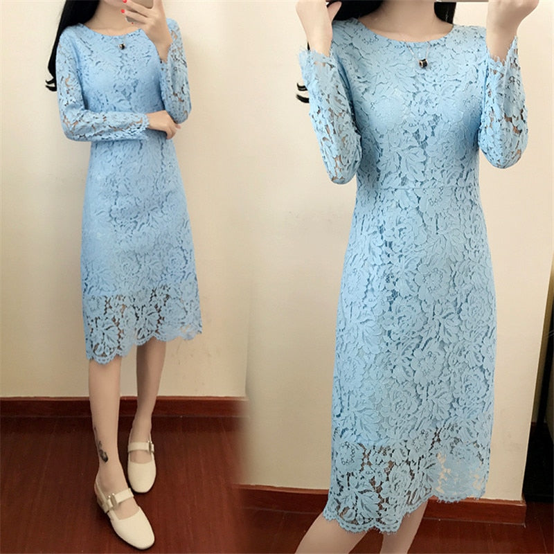 Women Elegant Wedding Party Sexy Night Club Dresses 2018 New O Neck Long Sleeve Sheath Bodycon Lace Dress Vestidos High Quality