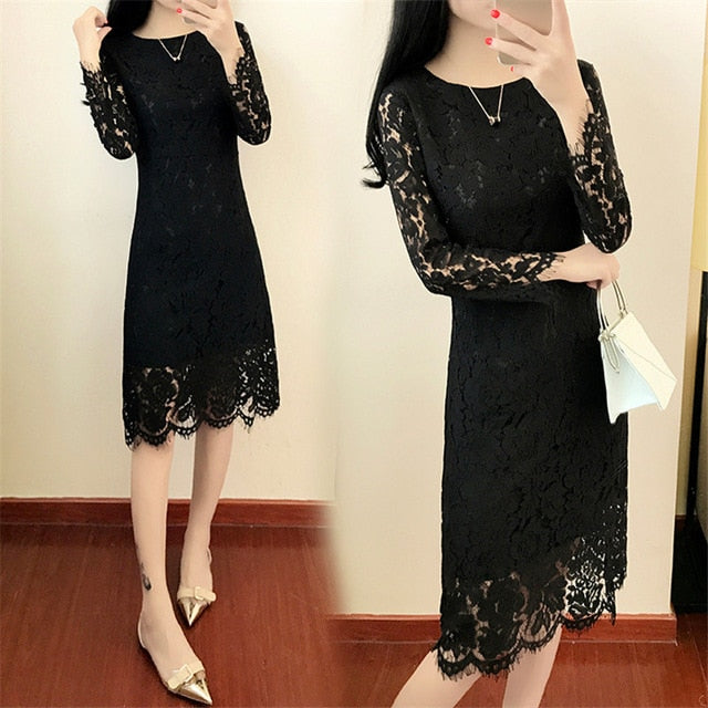Women Elegant Wedding Party Sexy Night Club Dresses 2018 New O Neck Long Sleeve Sheath Bodycon Lace Dress Vestidos High Quality