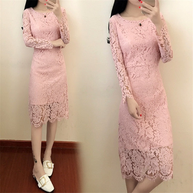 Women Elegant Wedding Party Sexy Night Club Dresses 2018 New O Neck Long Sleeve Sheath Bodycon Lace Dress Vestidos High Quality