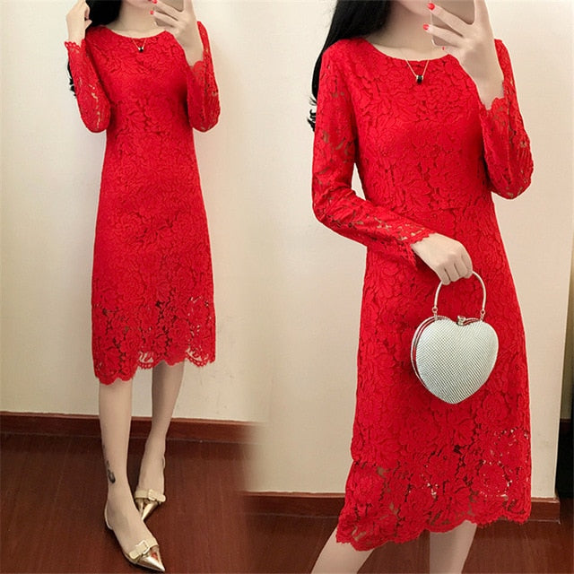 Women Elegant Wedding Party Sexy Night Club Dresses 2018 New O Neck Long Sleeve Sheath Bodycon Lace Dress Vestidos High Quality