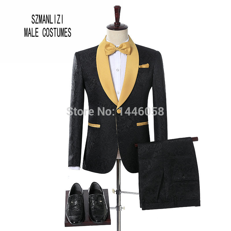 2018 Elegant Brand Groom Tuxedos Groomsmen One Button Black Flower Gold Shawl Lapel Custom Made Formal Best Man Men Wedding Suit
