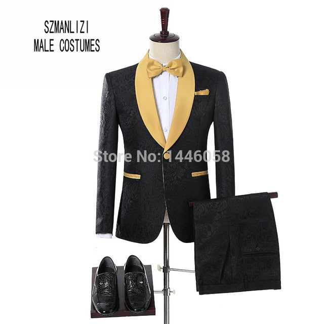 2018 Elegant Brand Groom Tuxedos Groomsmen One Button Black Flower Gold Shawl Lapel Custom Made Formal Best Man Men Wedding Suit