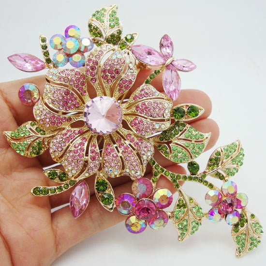 Big New Elegant Pink Crystal Flower Brooch Rhinestone Pin Romantic Wedding Bride Bridesmaid Rhinestone Brooches and Pins Jewelry