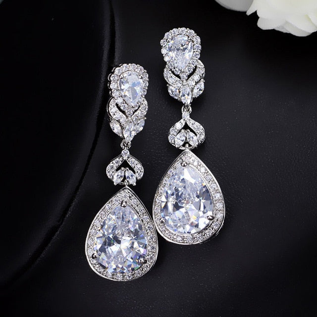 CWWZircons Elegant Water Drop Shaped Cubic Zirconia Crystal Bridal Long Earrings Luxury Wedding Jewelry For Brides CZ166