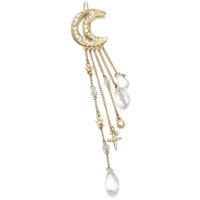 Fashion Elegant Women Lady Moon Rhinestone Crystal Tassel Long Chain Beads Dangle Hairpin Hair Clip Hair Jewelry