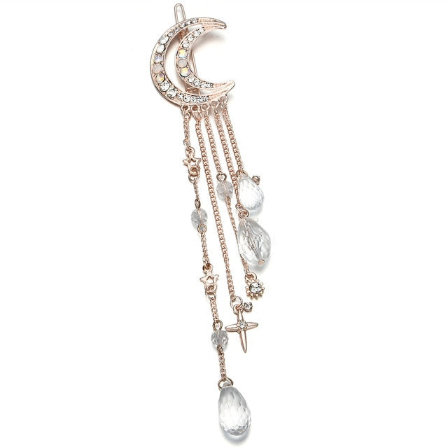 Fashion Elegant Women Lady Moon Rhinestone Crystal Tassel Long Chain Beads Dangle Hairpin Hair Clip Hair Jewelry