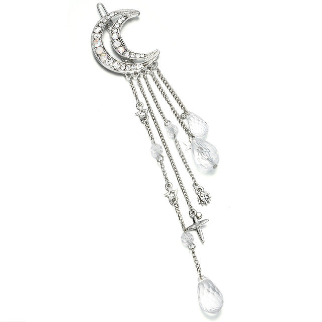 Fashion Elegant Women Lady Moon Rhinestone Crystal Tassel Long Chain Beads Dangle Hairpin Hair Clip Hair Jewelry