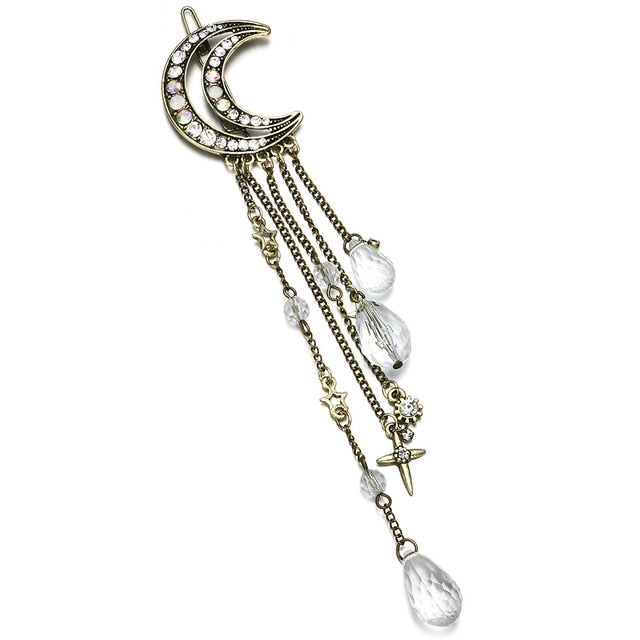 Fashion Elegant Women Lady Moon Rhinestone Crystal Tassel Long Chain Beads Dangle Hairpin Hair Clip Hair Jewelry