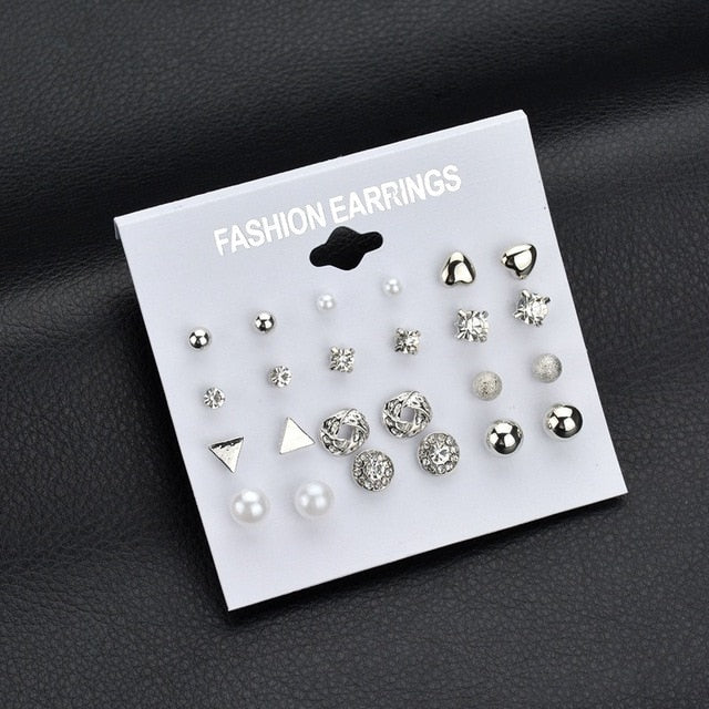 Punk Fashion Stud Earrings Set For Women Elegant Mixed Crystal Heart Metal Ball Earrings Wedding Bride Jewelry Earrings Set M