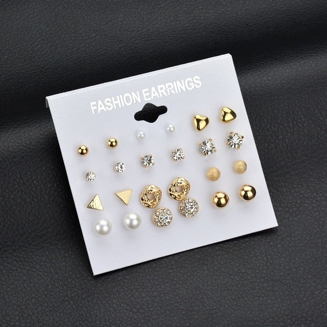 Punk Fashion Stud Earrings Set For Women Elegant Mixed Crystal Heart Metal Ball Earrings Wedding Bride Jewelry Earrings Set M