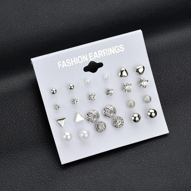 Punk Fashion Stud Earrings Set For Women Elegant Mixed Crystal Heart Metal Ball Earrings Wedding Bride Jewelry Earrings Set M