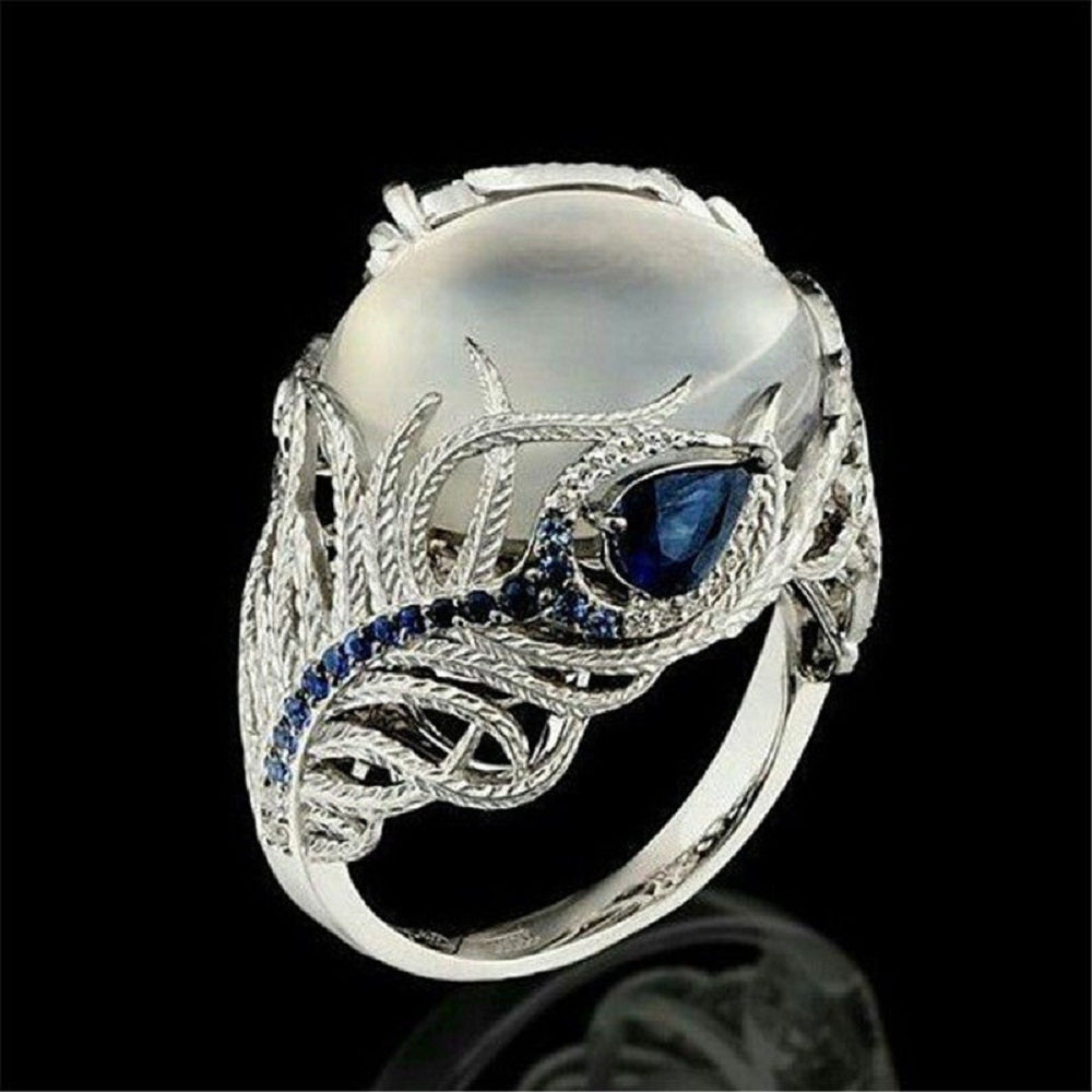 Fashion Women Lady Elegant  Huge Moonstone Wedding Party Bride Ring Engagement Blue Rhinestone Crystal Rings Jewelry