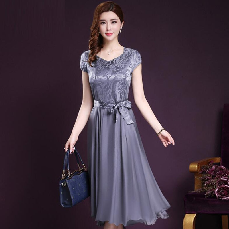 2018 New Fashion Women Summer Clothing Silk Elegant Dress Short Sleeve Bowtie Wedding Party Dresses Vestidos Plus Size
