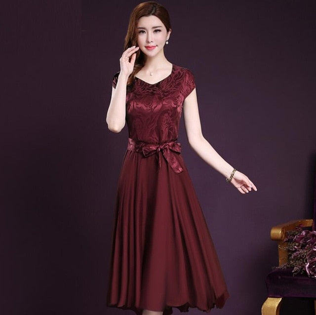 2018 New Fashion Women Summer Clothing Silk Elegant Dress Short Sleeve Bowtie Wedding Party Dresses Vestidos Plus Size