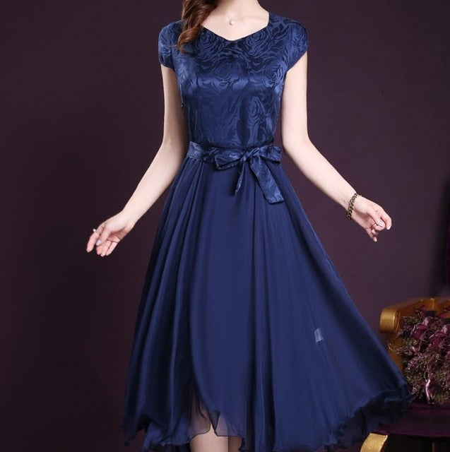 2018 New Fashion Women Summer Clothing Silk Elegant Dress Short Sleeve Bowtie Wedding Party Dresses Vestidos Plus Size