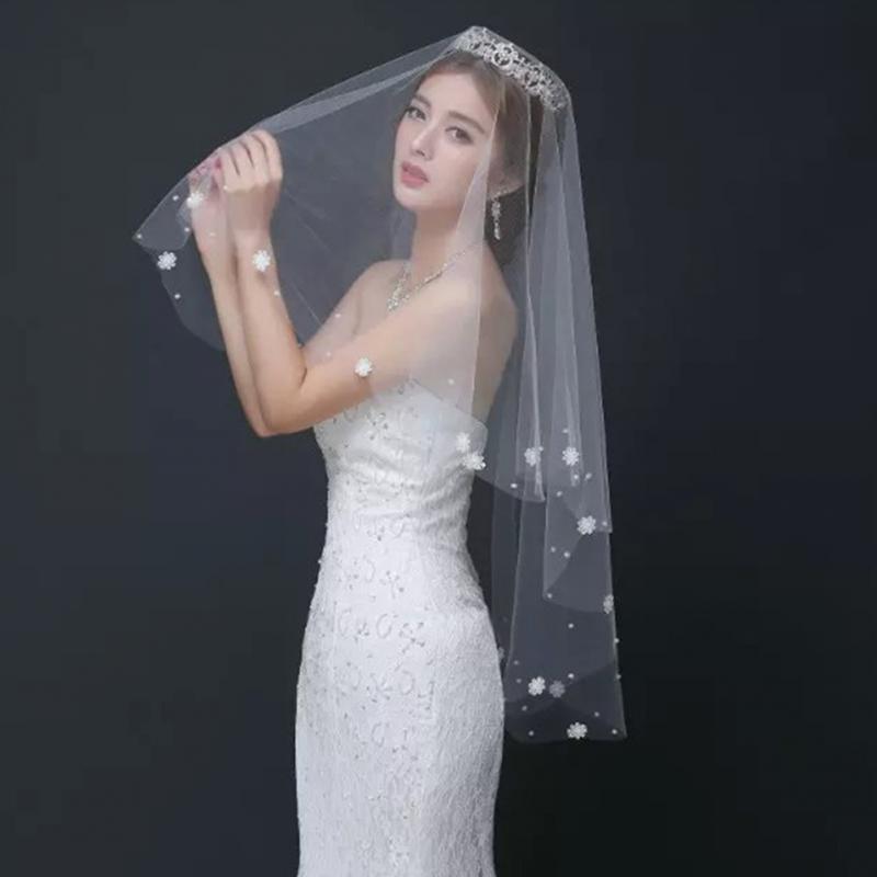 Pearl Lace Flower Veil 1.5 Meter Bride Wedding Dress Simple Bridal Veil White Color