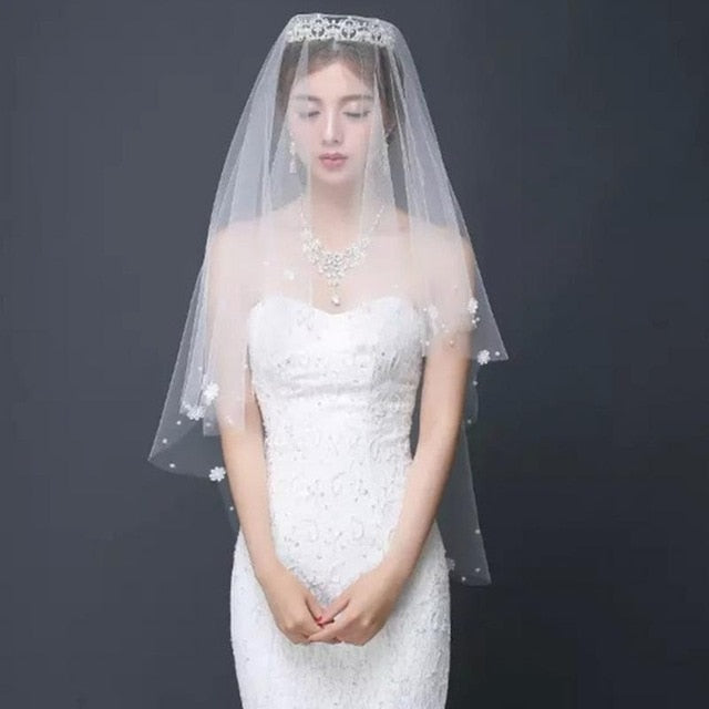 Pearl Lace Flower Veil 1.5 Meter Bride Wedding Dress Simple Bridal Veil White Color