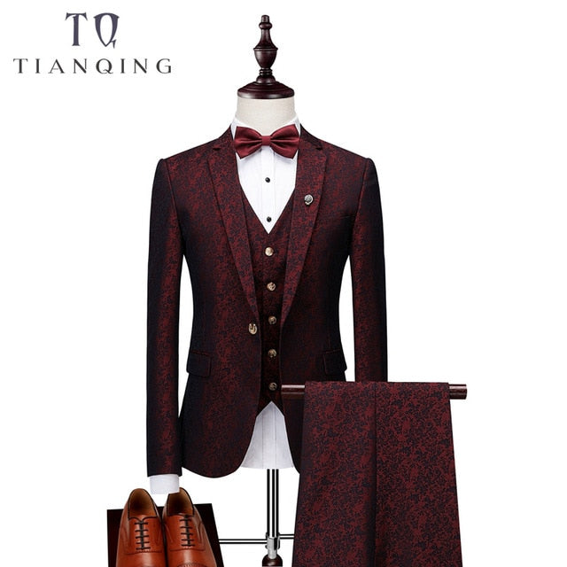 Elegant Wine Groomsmen Notch Lapel Groom Tuxedos Burgundy Jacket Mens Suits Wedding Suits for Men Blazer Suit Party Prom Suits