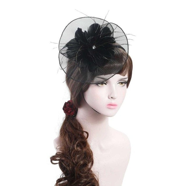 WELROG Elegant Cap Fedoras Dress Women Wool Felt Top Hat Party Mesh Hat Ribbons And Feathers Fascinators Wedding Party Hats