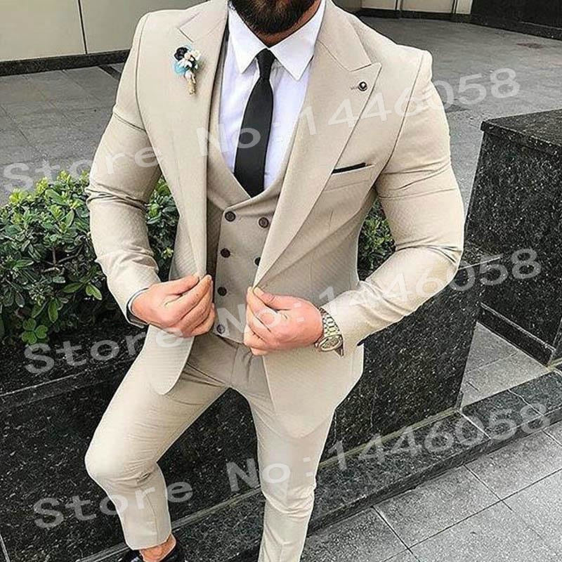 Elegant Designs 2018 Casual Business Beige Mens Suits 3 Pieces Formal Dress Men Suit Set Men Wedding Suit For Men Groom Tuxedos