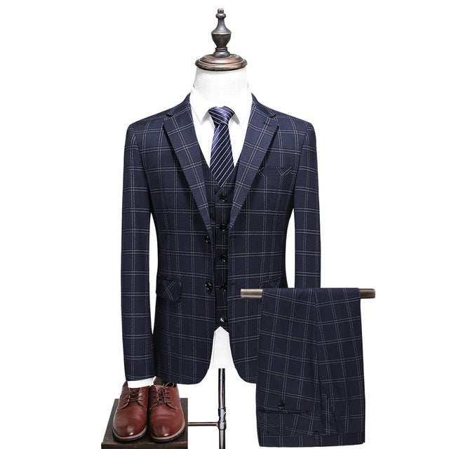 Plyesxale Elegant Plaid Suit Men 2018 High Quality Groom Wedding Tuxedo Jacket With Pants Slim Fit 3 Piece Business Wear Q379