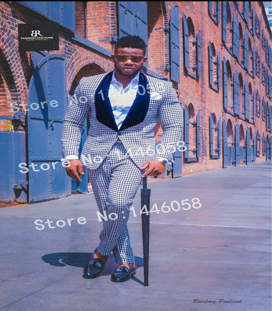 2018 Elegant Men Suits With Pants Groom Tuxedos Costme Homme Terno PartyBlazer Shawl Lapel Houndstooth Men Wedding Suits