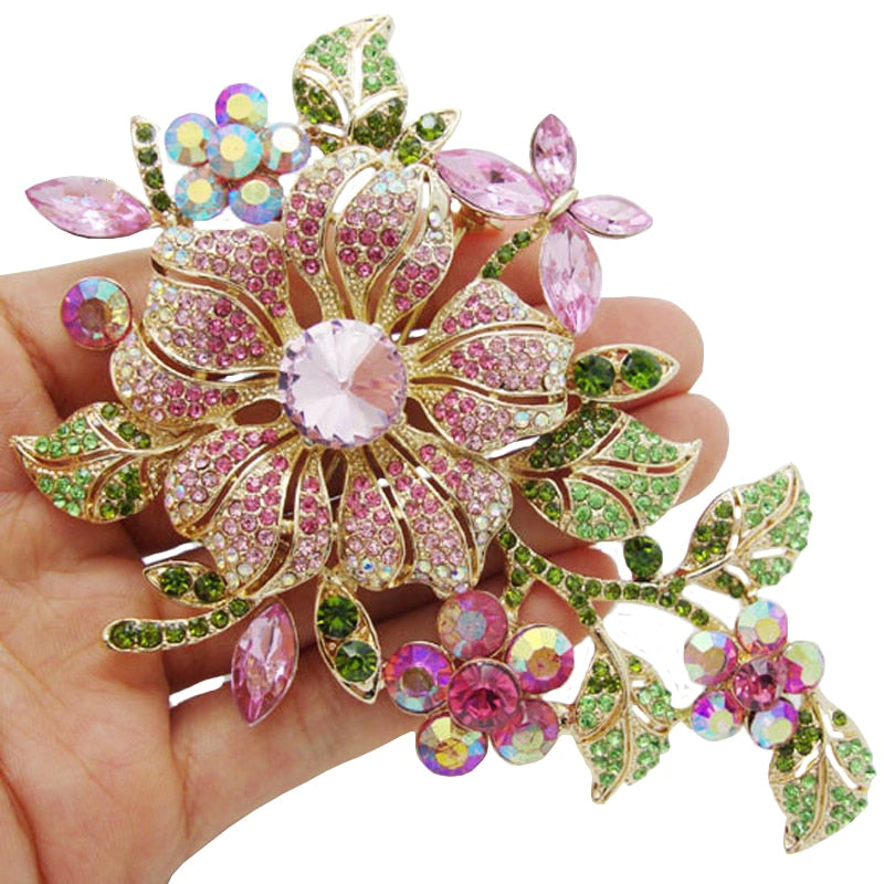 Big New Elegant Pink Crystal Flower Brooch Rhinestone Pin Romantic Wedding Bride Bridesmaid Rhinestone Brooches and Pins Jewelry